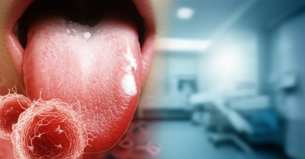 A surreal illustration of a tongue with oral hairy leukoplakia subtly transforming into leukemia cells, symbolizing early detection of a hidden condition.