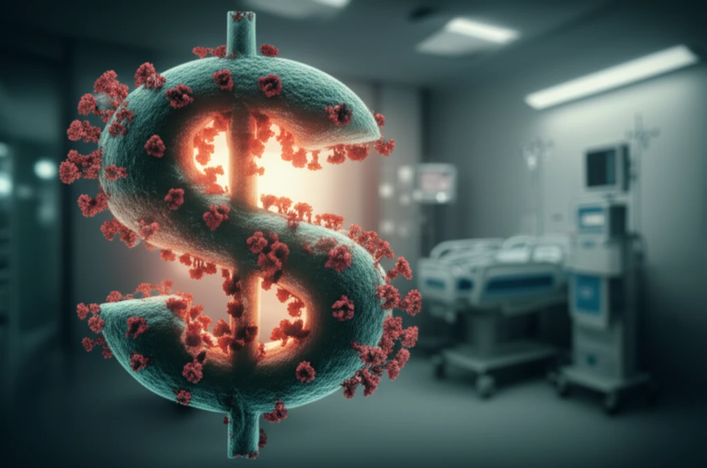 Virus particle morphing into a dollar sign, symbolizing pandemic economic impact