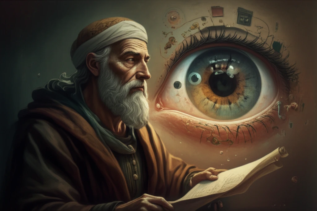 Ancient scholar examining a stylized eye with misaligned elements, representing strabismus.