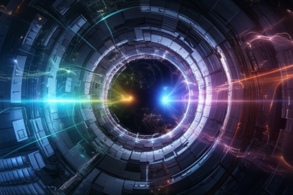Surreal illustration of subatomic particle collisions and decay.