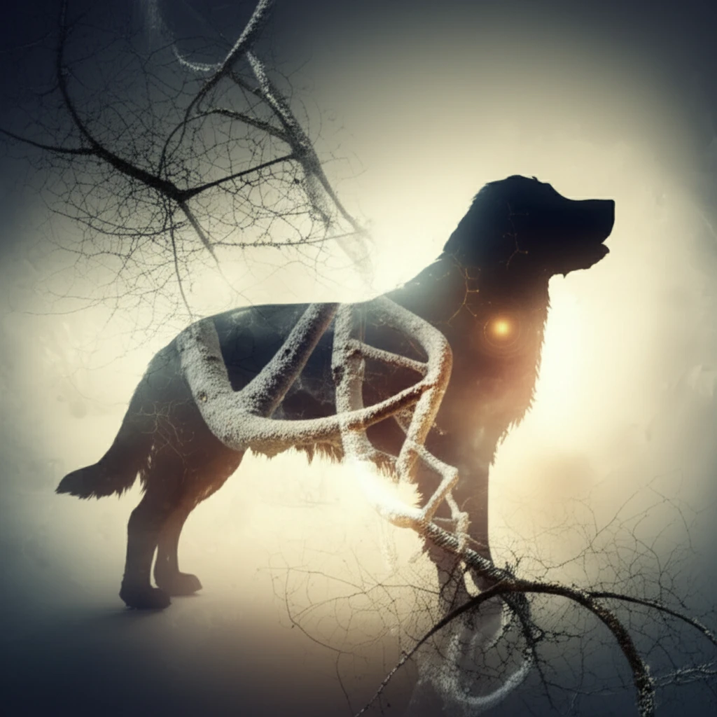 DNA helix interwoven with a dog's silhouette, representing canine pharmacogenetics.