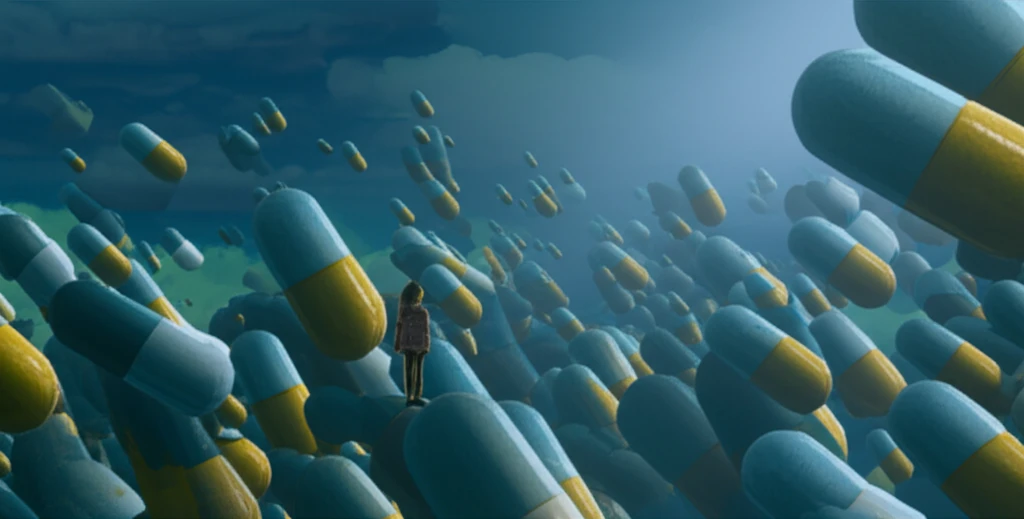 Child surrounded by symbolic medication, representing drug allergies.