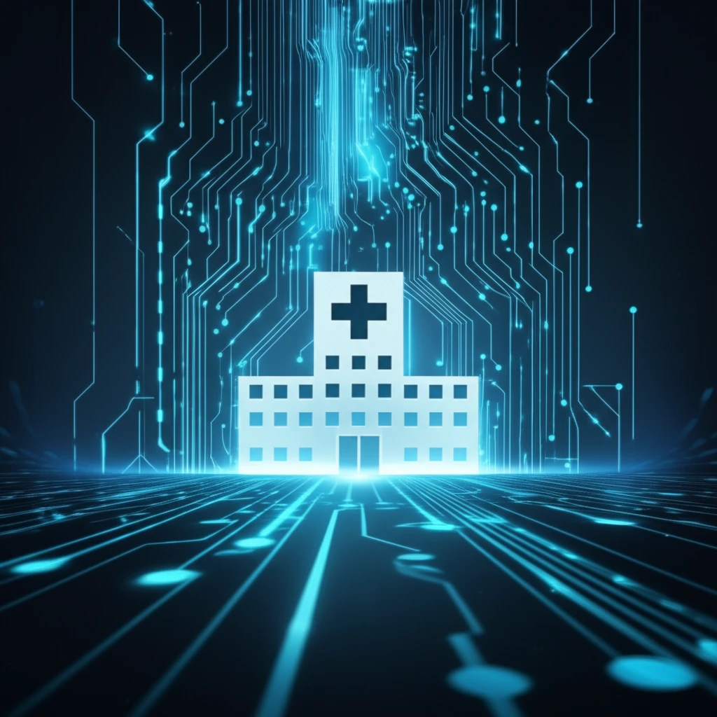 Data streams converging into a glowing hospital, symbolizing improved healthcare through data quality.