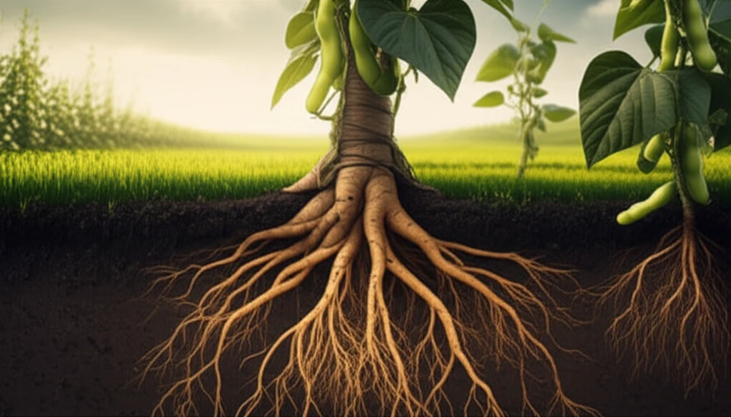 Sustainable agriculture illustration showing intertwined roots, lush pastures, and bean crops.