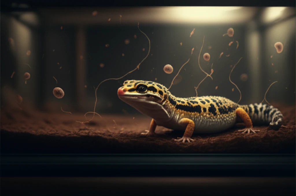 Leopard gecko in terrarium with swirling parasite shapes representing cryptosporidiosis.