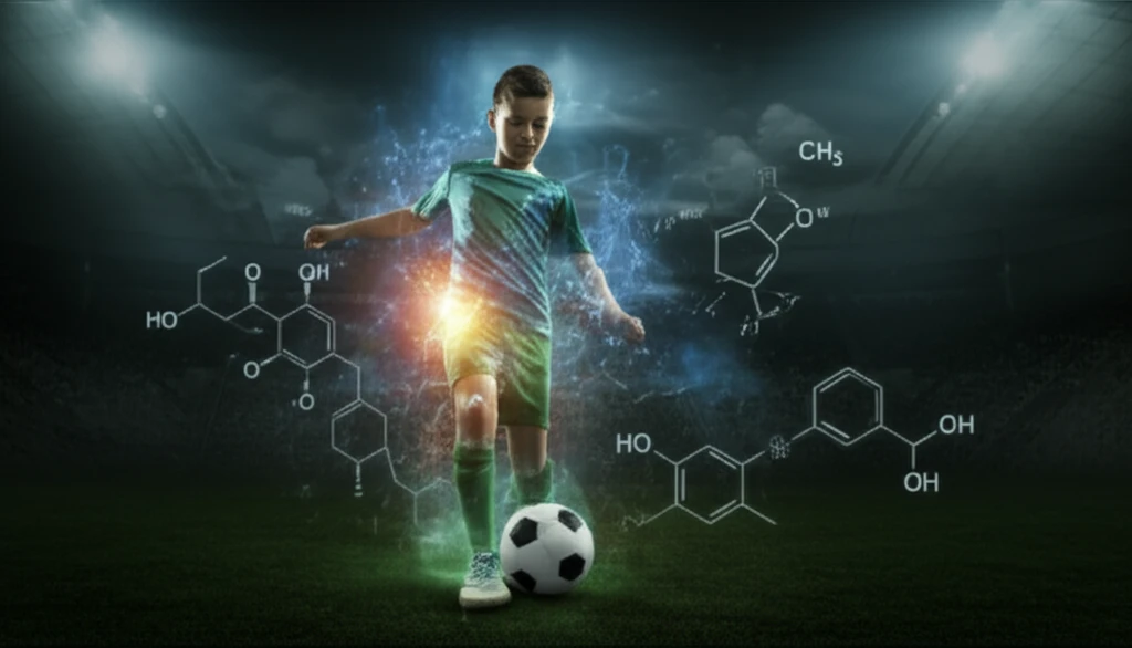 Surreal illustration of a soccer player with a glowing energy field, representing enhanced performance through supplements.