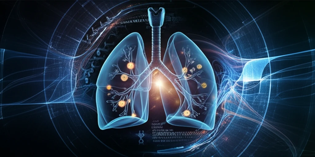 Surreal illustration of a lung with data streams, symbolizing early lung cancer detection through technology and information.