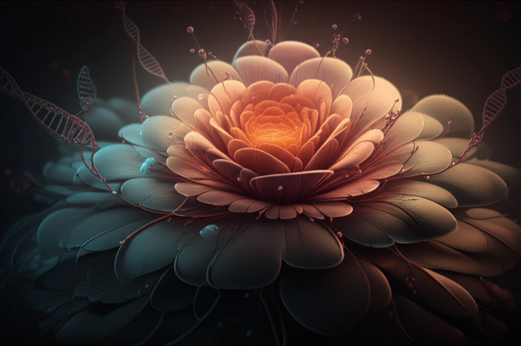 Blooming flower intertwined with DNA strands, representing hope and healing in cancer treatment.