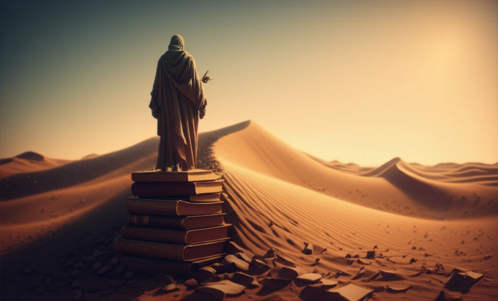 Nomadic Scholar: A surreal illustration blending a scholar with a desert landscape.