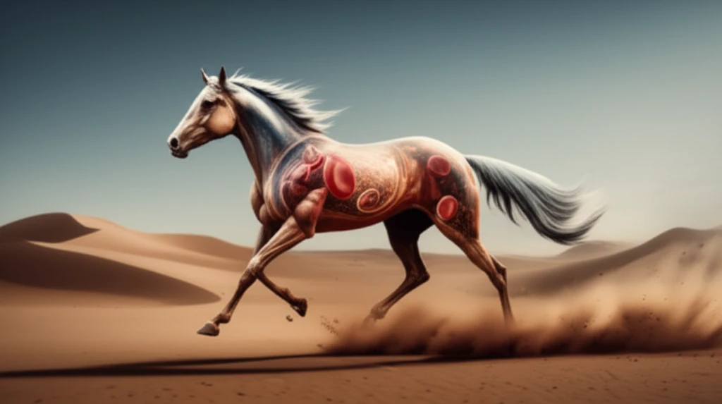 Endurance horse running with translucent overlay of blood cells and plasma volume.