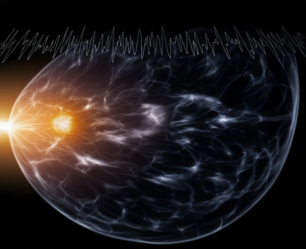 Breast MRI scan with a highlighted lesion, overlaid with an ultrasound wave pattern.