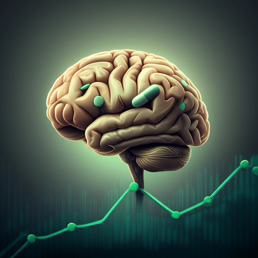 Surreal illustration of a brain with metformin pills on a graph, representing the uncertain relationship between the drug and glioma treatment.