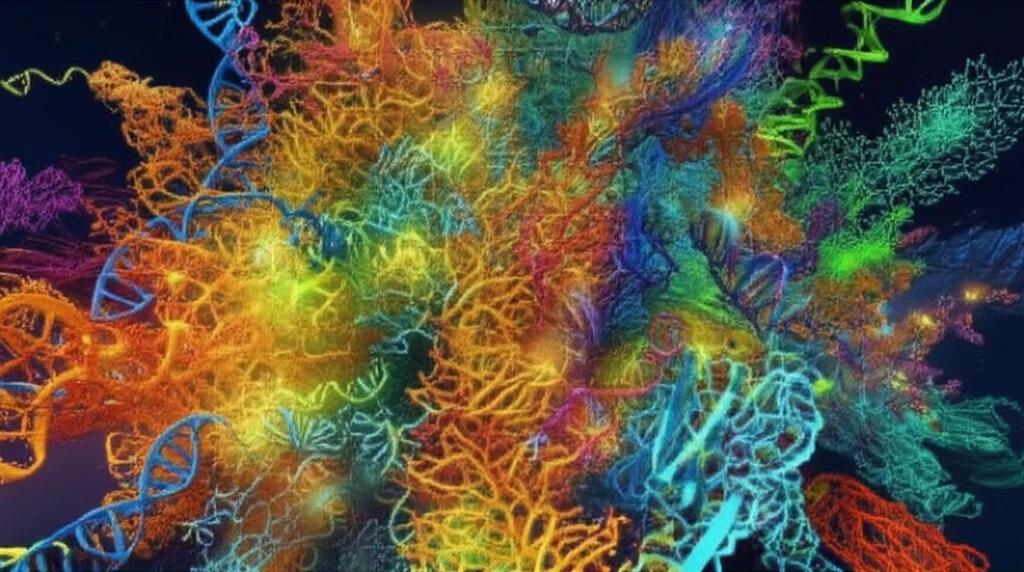 Abstract digital illustration of interconnected molecular structures forming a vibrant tree of life.