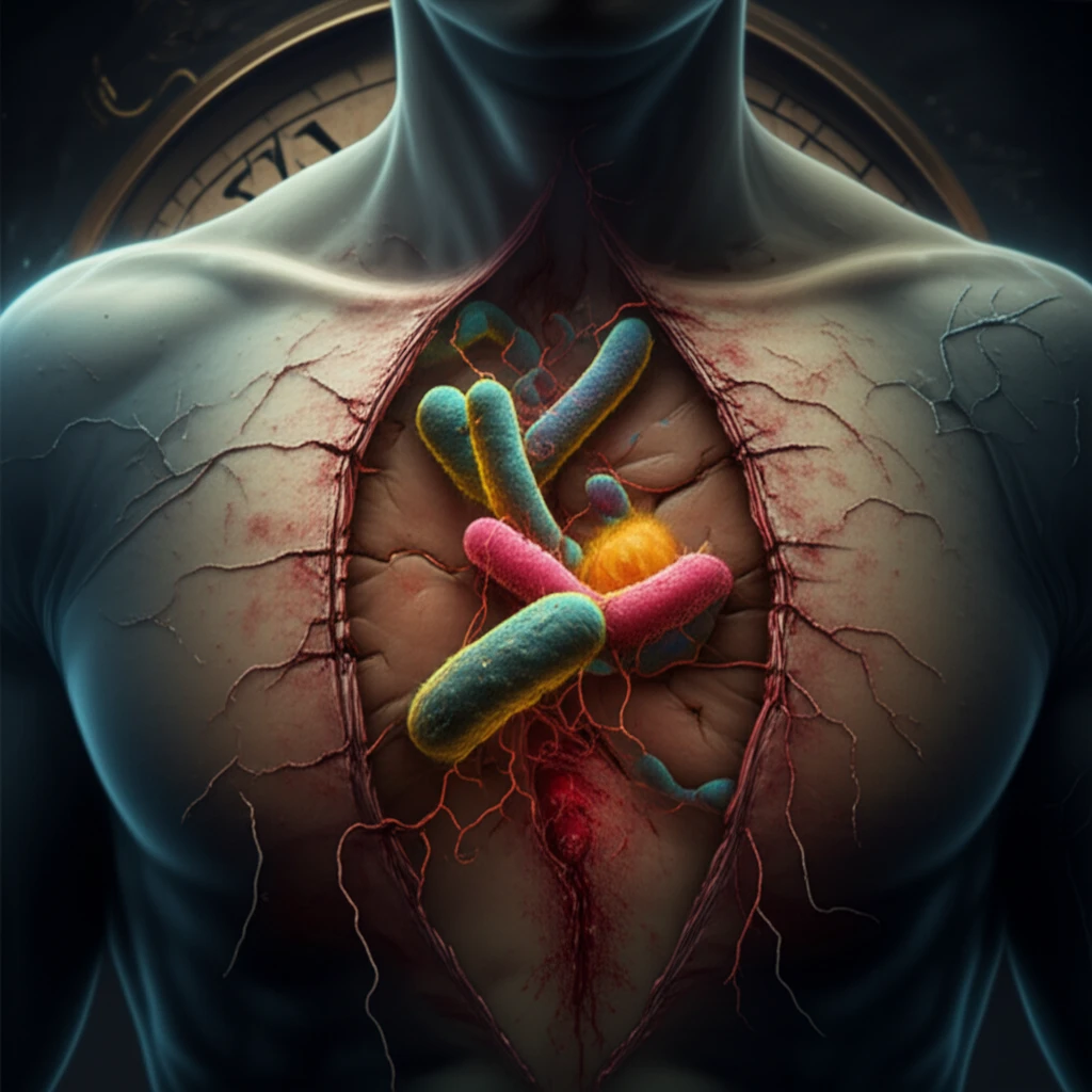 Surreal illustration of an open chest representing poststernotomy mediastinitis.