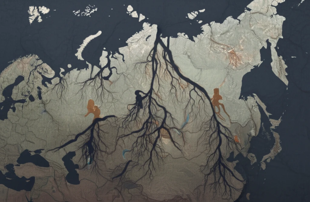 A surreal illustration depicting the dark reality of human trafficking networks in Eastern Europe and Russia.