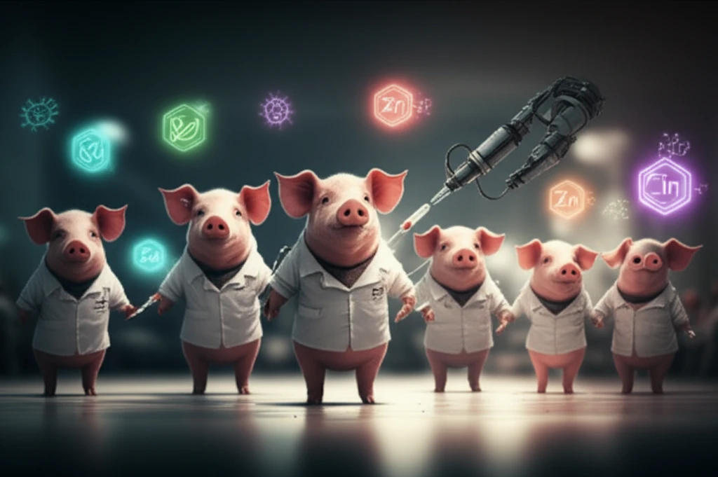 Pigs receiving vaccinations with floating probiotics and zinc symbols.