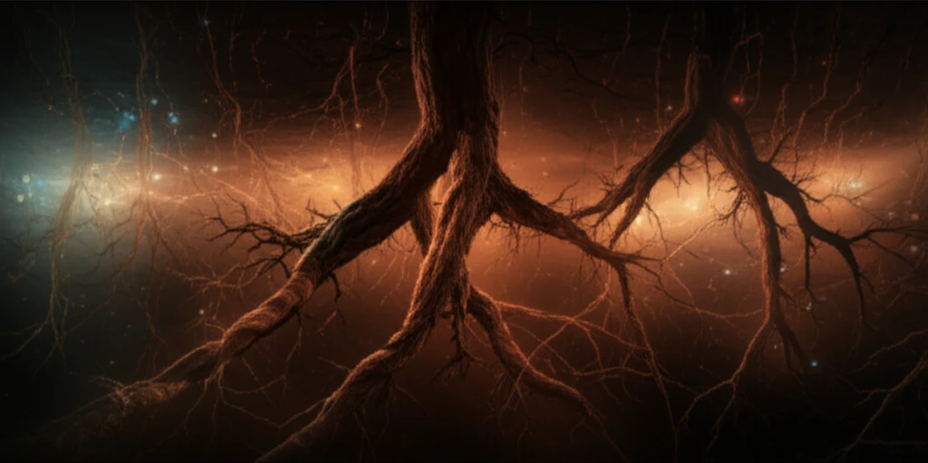 Intertwined plant roots and glowing fungal networks symbolizing plant-fungi partnership.