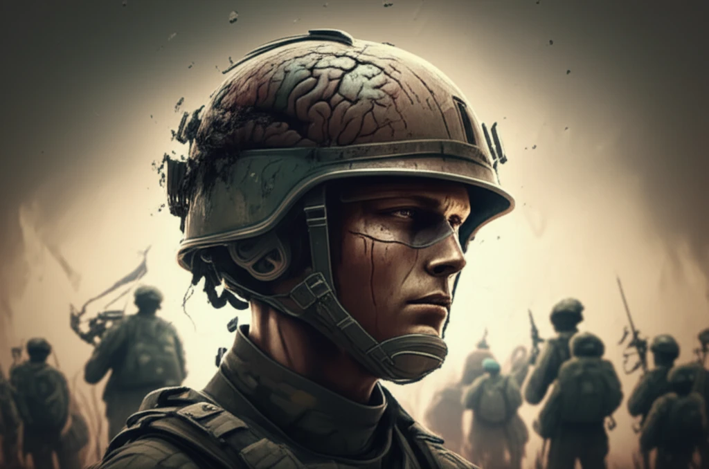 Surreal illustration of a soldier's helmet symbolizing the connection between brain injury and mental health.