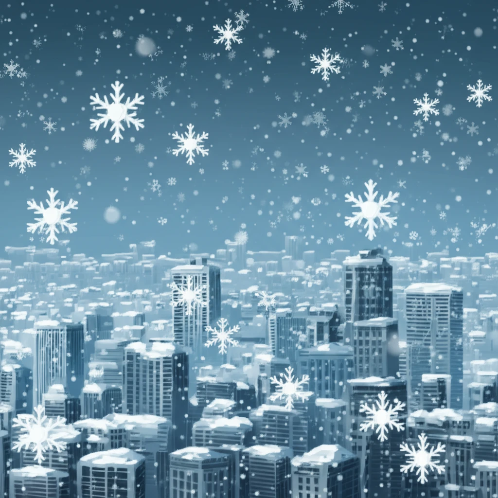 Stylized cityscape with snowflake-like virus particles, representing coronavirus seasonality.