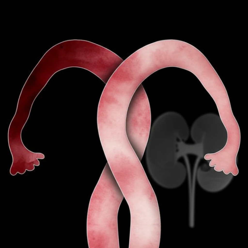Surreal illustration representing OHVIRA syndrome, depicting two uteruses, one obstructed, and a missing kidney.