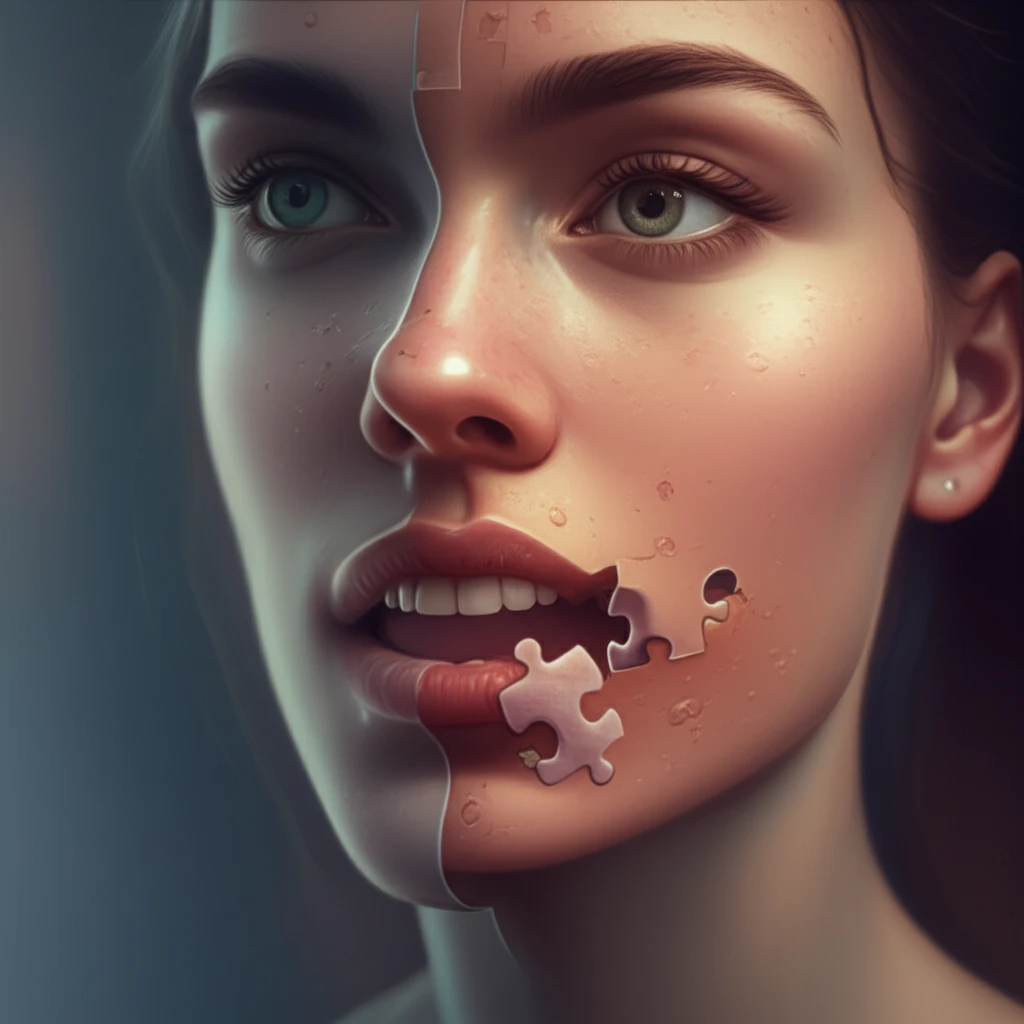 Surreal illustration of a face with a puzzle piece fitting into the jawline, symbolizing orthognathic surgery.