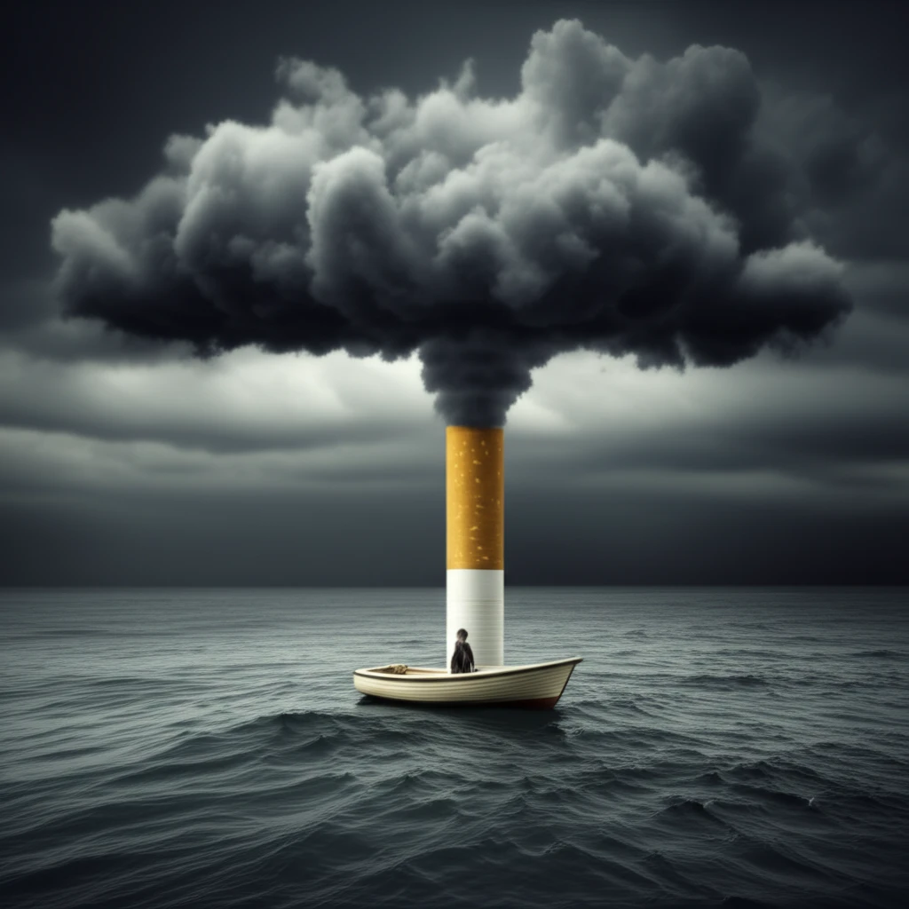 Stormy sea with a cigarette cloud, symbolizing diabetes and smoking risks.