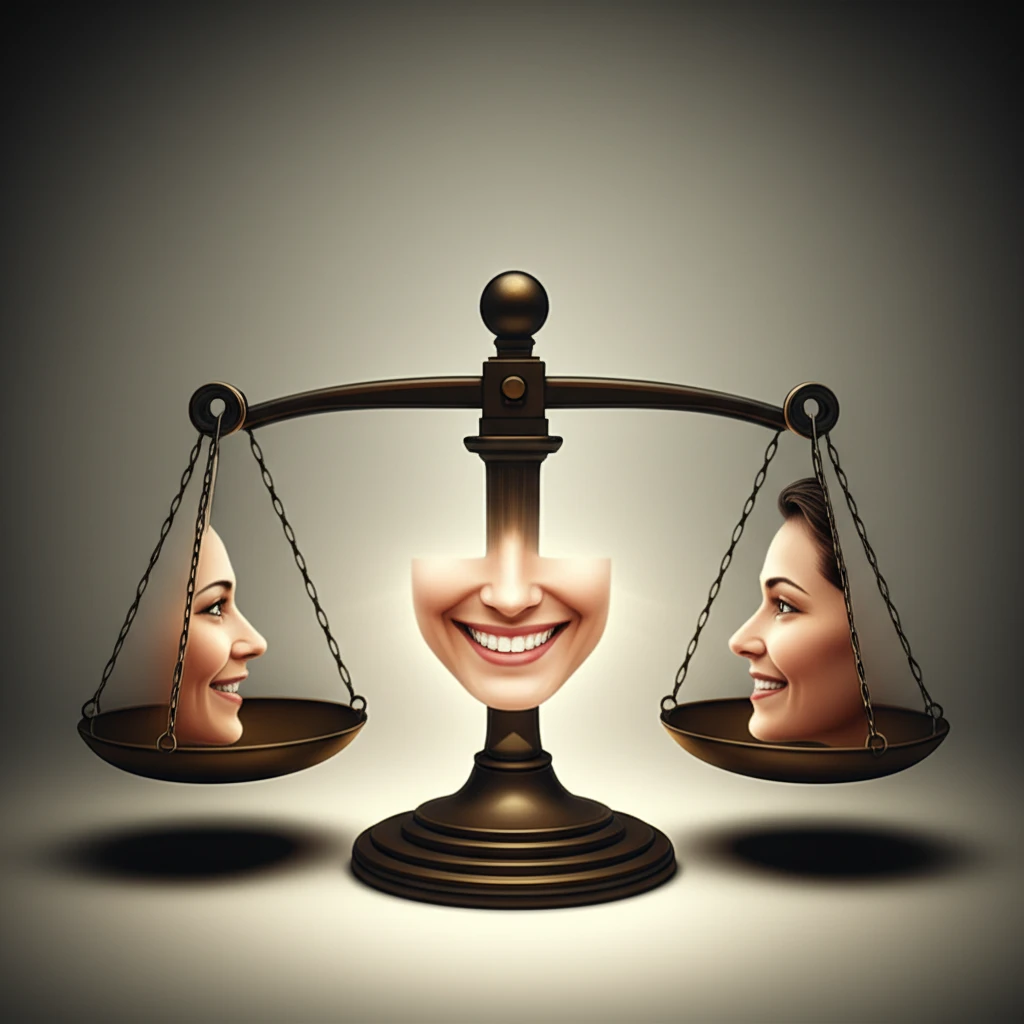 Balanced scales showing orthognathic surgery leading to a confident smile.