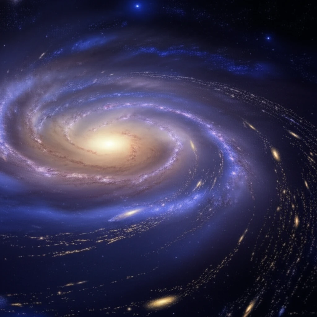 A spiral galaxy merging with a smaller galaxy, with streams of stars forming a halo.