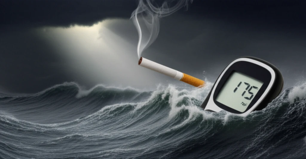 Stormy sea with cigarette and blood glucose meter, symbolizing diabetes and smoking risk.