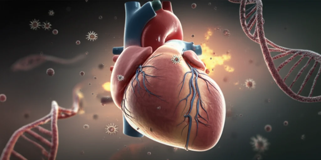 Digital illustration of silica nanoparticles attacking a heart, representing cardiovascular health risks.