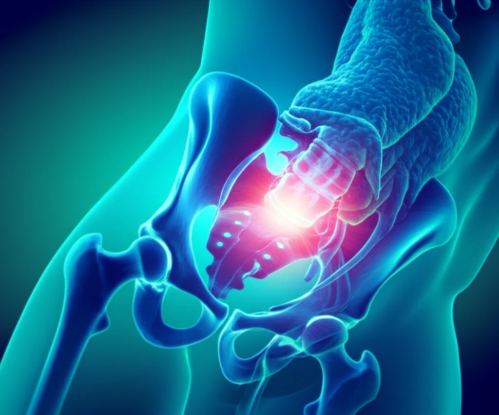Illustration of Klebsiella pneumoniae bacteria linked to sacroiliac joint inflammation.