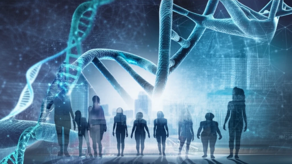 DNA strands intertwined with human figures, symbolizing the intersection of genetics and public opinion.