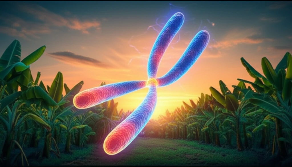Surreal illustration of intertwined banana chromosomes symbolizing genetic engineering for disease resistance.