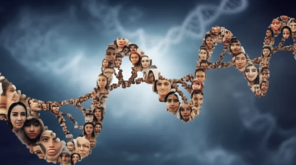 DNA strand with diverse faces symbolizing the need for diversity in genomics research.