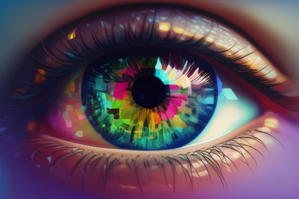 Surreal illustration of a human eye reflecting geometric patterns, symbolizing visual perception.