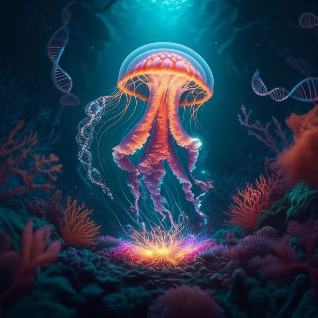 Jellyfish transforming from polyp to medusa with glowing genes.
