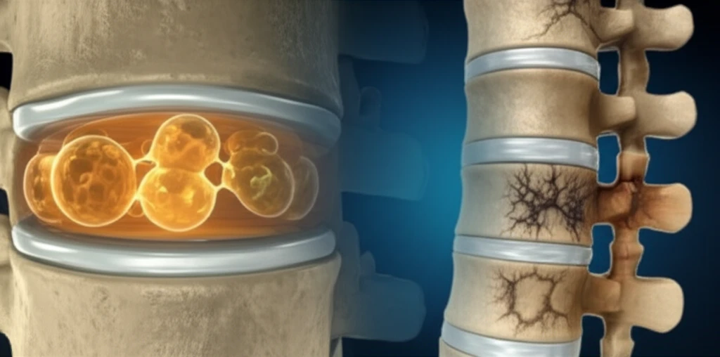 Microscopic vacuoles within spinal disc cells, representing the future of back pain treatment.