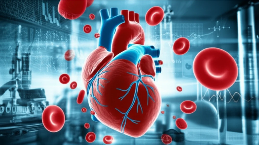 Surreal illustration of a heart with platelets representing MPV standardization in cardiovascular health.