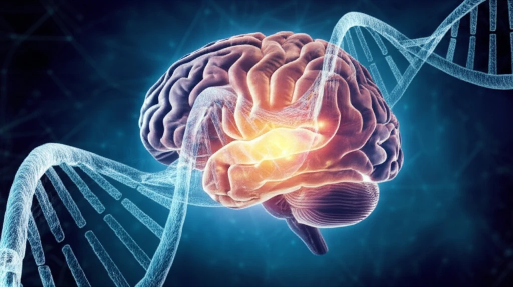 Human brain with DNA strand highlighting the temporal lobe.