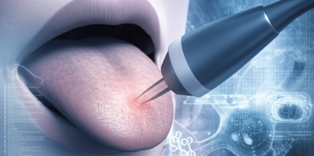 Illustration of ultrasound probe examining a tongue lesion.