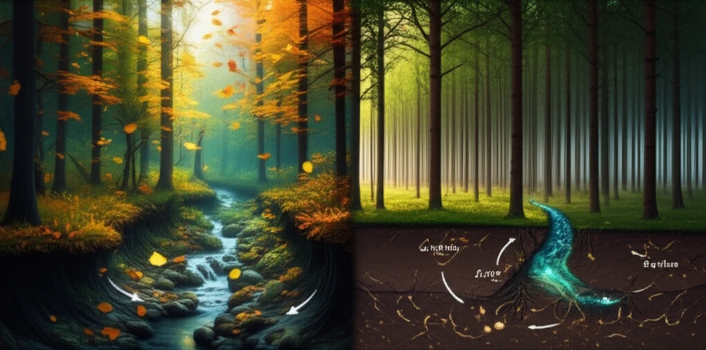 Contrasting forest landscapes showing carbon cycling and leaf litter decomposition.