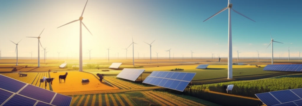 Wind turbines and solar panels integrated into an agricultural landscape.