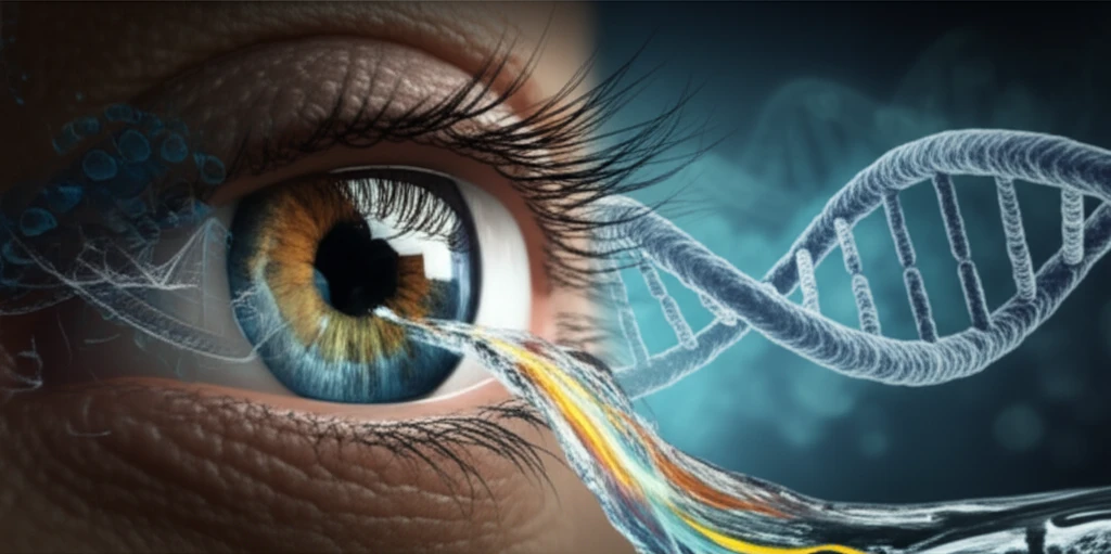 Stylized eye with glowing liquid rivers, double helix, and elderly face symbolizing genetics and age.