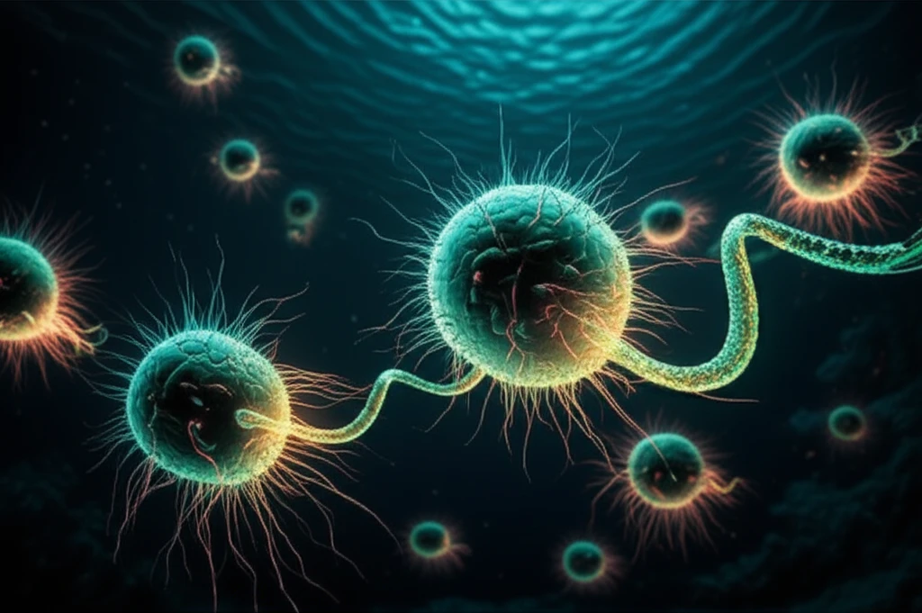 Microscopic marine viruses transferring glowing DNA strands to phytoplankton.