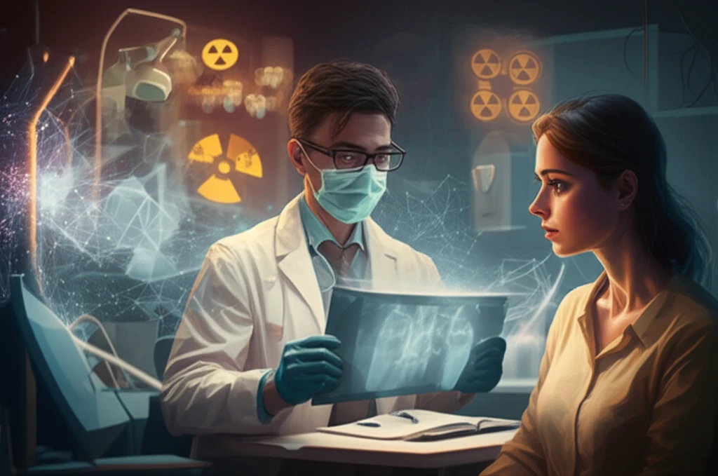 Dentist explaining the benefits and risks of dental X-rays to a patient.