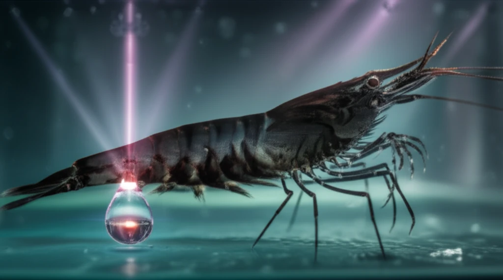 Surreal illustration of a shrimp in aquaculture with light refracting to symbolize BRIX measurement.