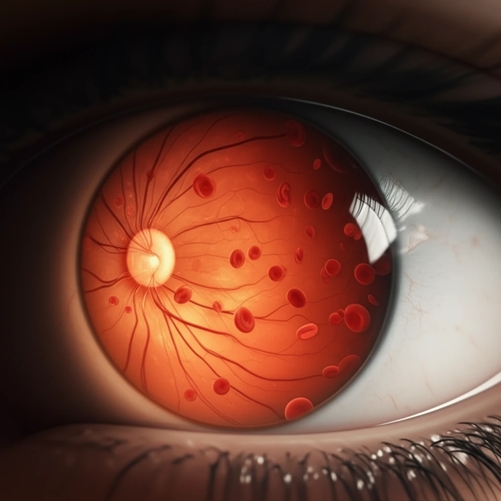 Stylized illustration of a human eye with intricate blood cell patterns representing sickle cell retinopathy.