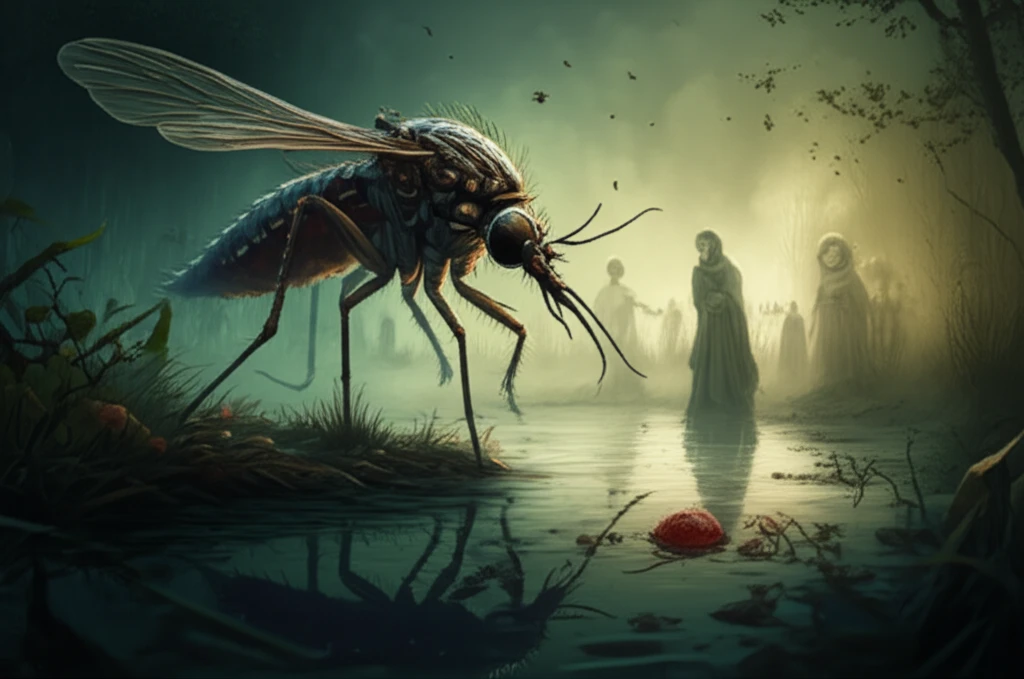 Surreal illustration of malaria's historical and scientific context.