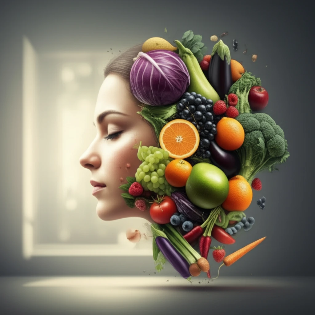 Illustration of a person sleeping peacefully surrounded by healthy food, symbolizing the connection between sleep apnea treatment and improved diet.