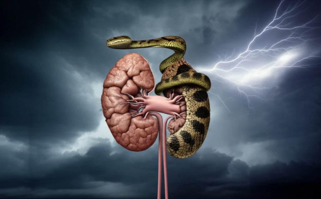 Russell's viper coiled around adrenal glands symbolizing Addisonian crisis.
